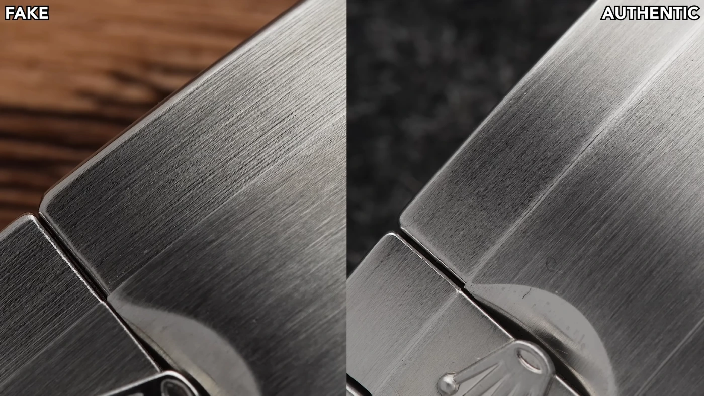 Rolex clasp finishing comparison real vs fake under macro lens