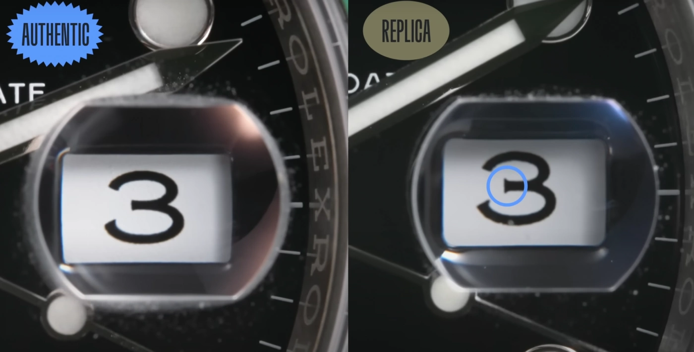 Rolex date font comparison real vs fake showing the number 3 peak detail