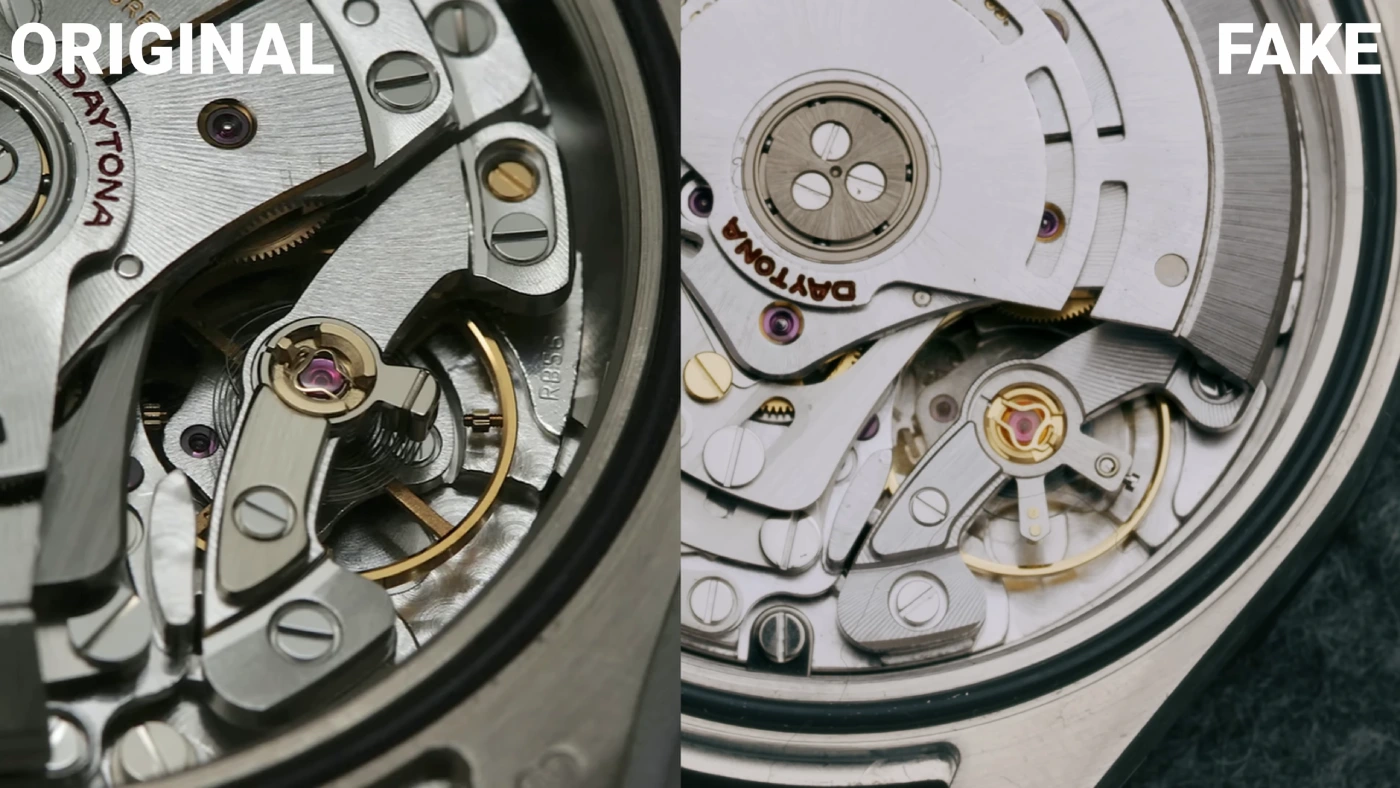 Rolex movement comparison authentic vs clone showing rotor and bridge details