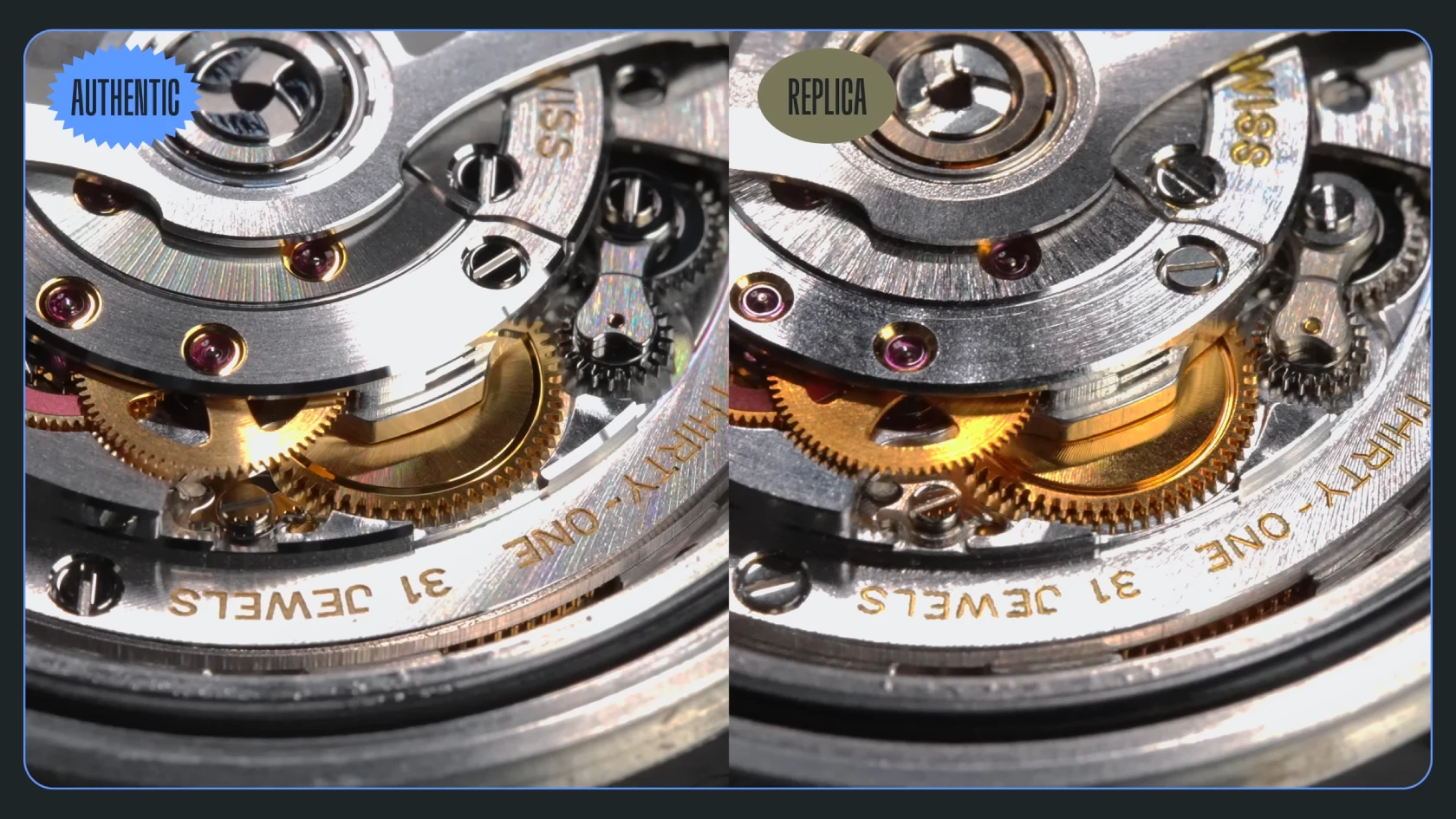Rolex movement bridge detail comparison genuine and replica