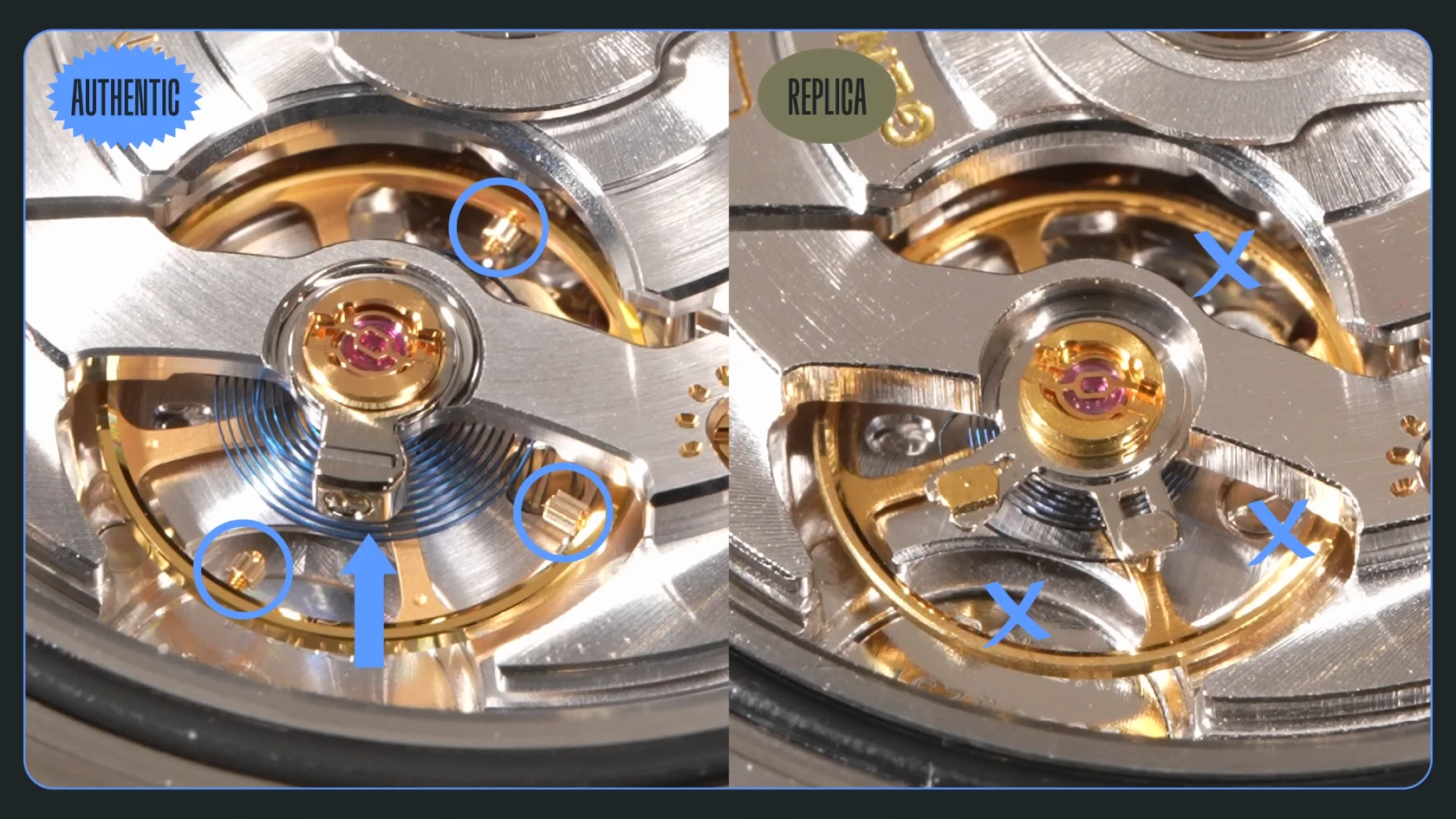 Authentic Rolex 3135 movement vs VR3135 clone detailed view