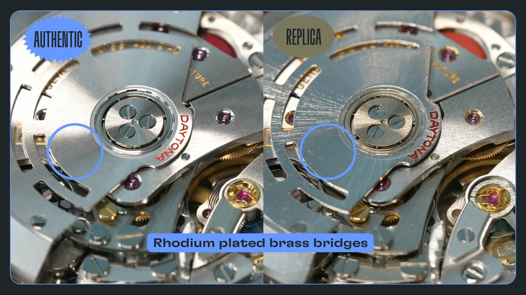 Movement decoration differences between genuine Rolex and superclone
