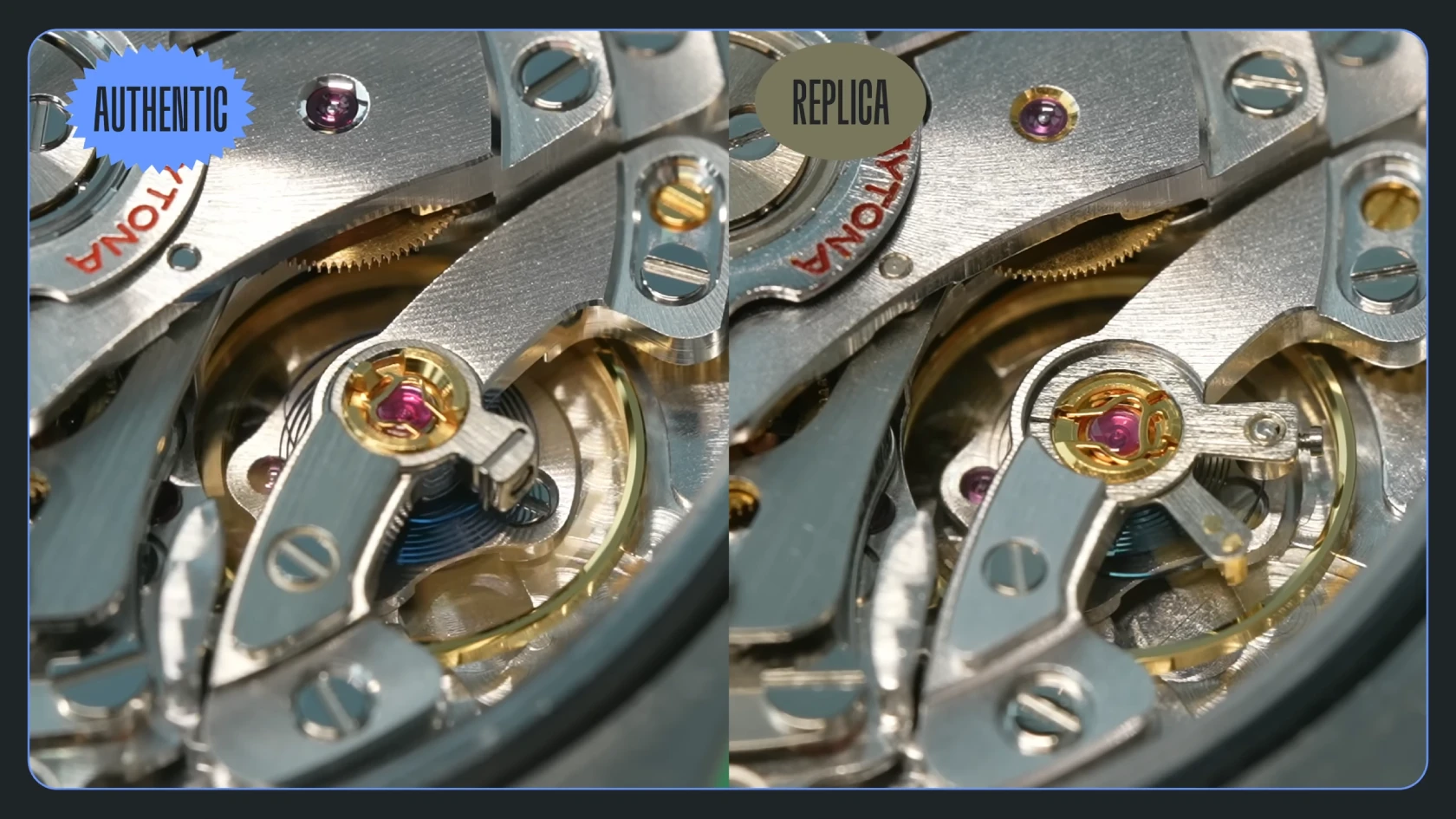 Rolex movement balance wheel and hairspring comparison real vs fake