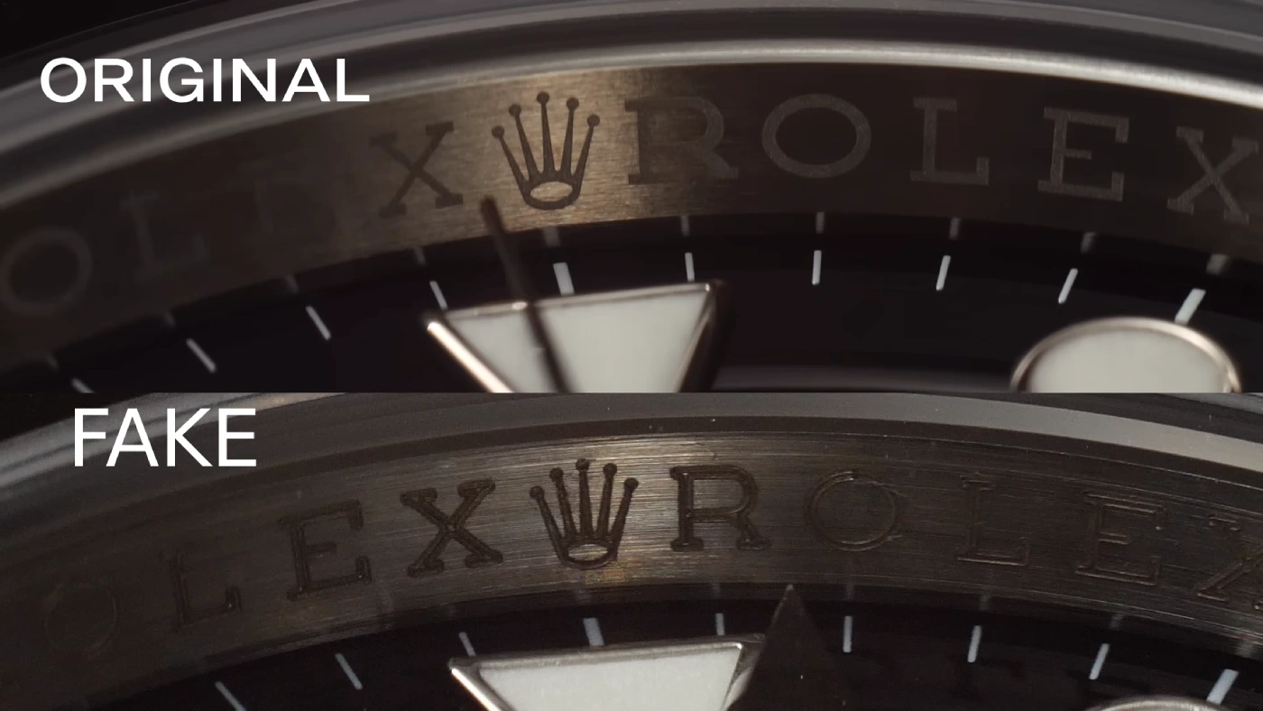 Rolex rehaut engraving showing ROLEX text laser-etched around inner ring
