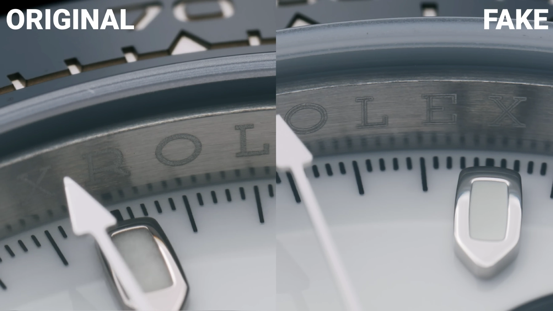 Rolex rehaut detail comparison between authentic and replica factory output