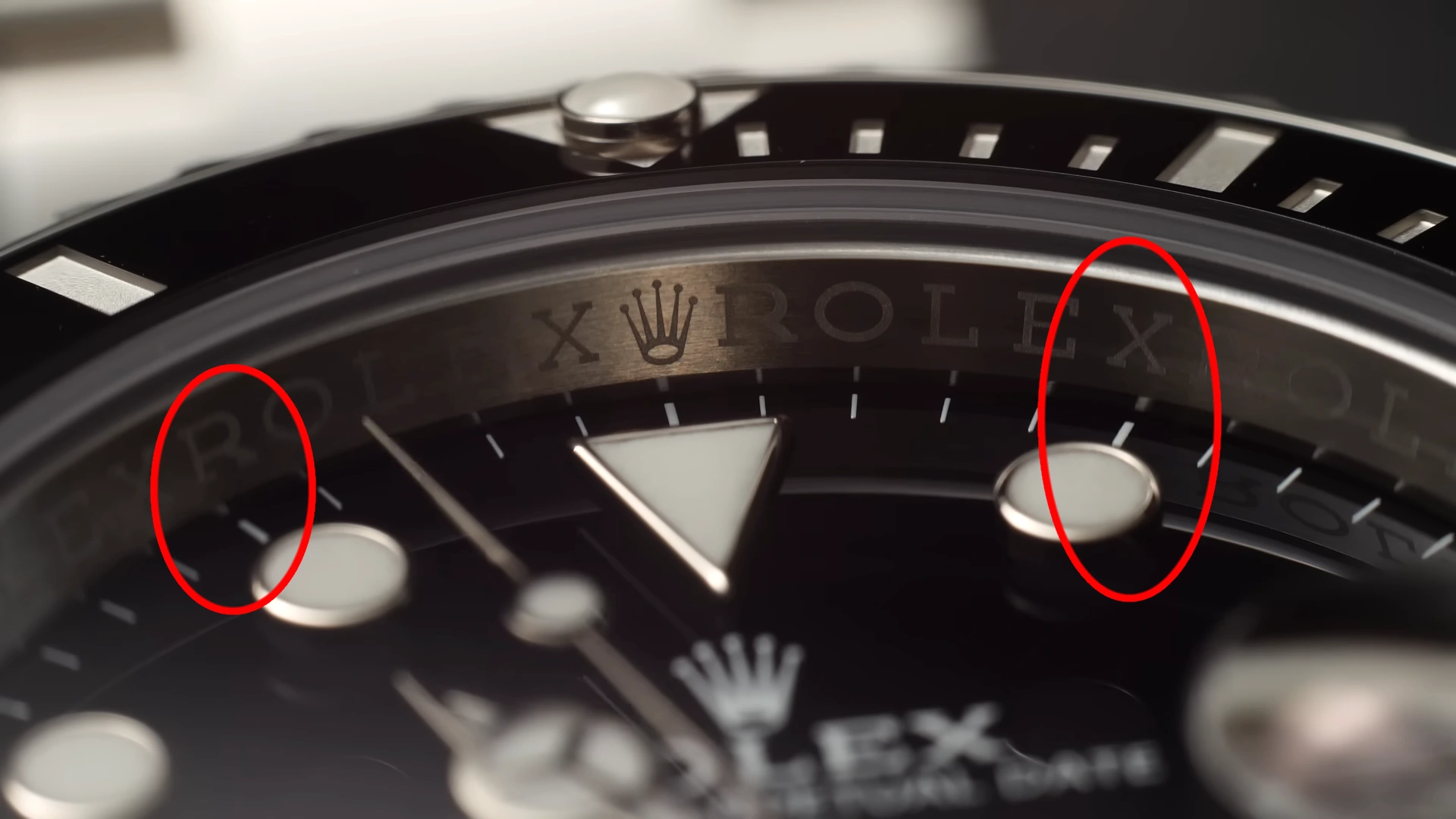 Rolex rehaut lettering alignment with hour markers authentication detail