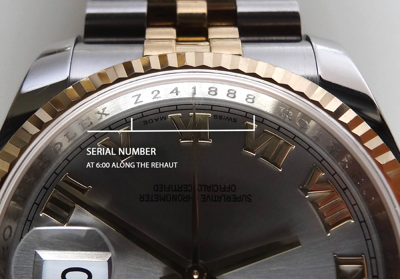 Rolex serial number engraved on the rehaut at 6 oclock on modern models