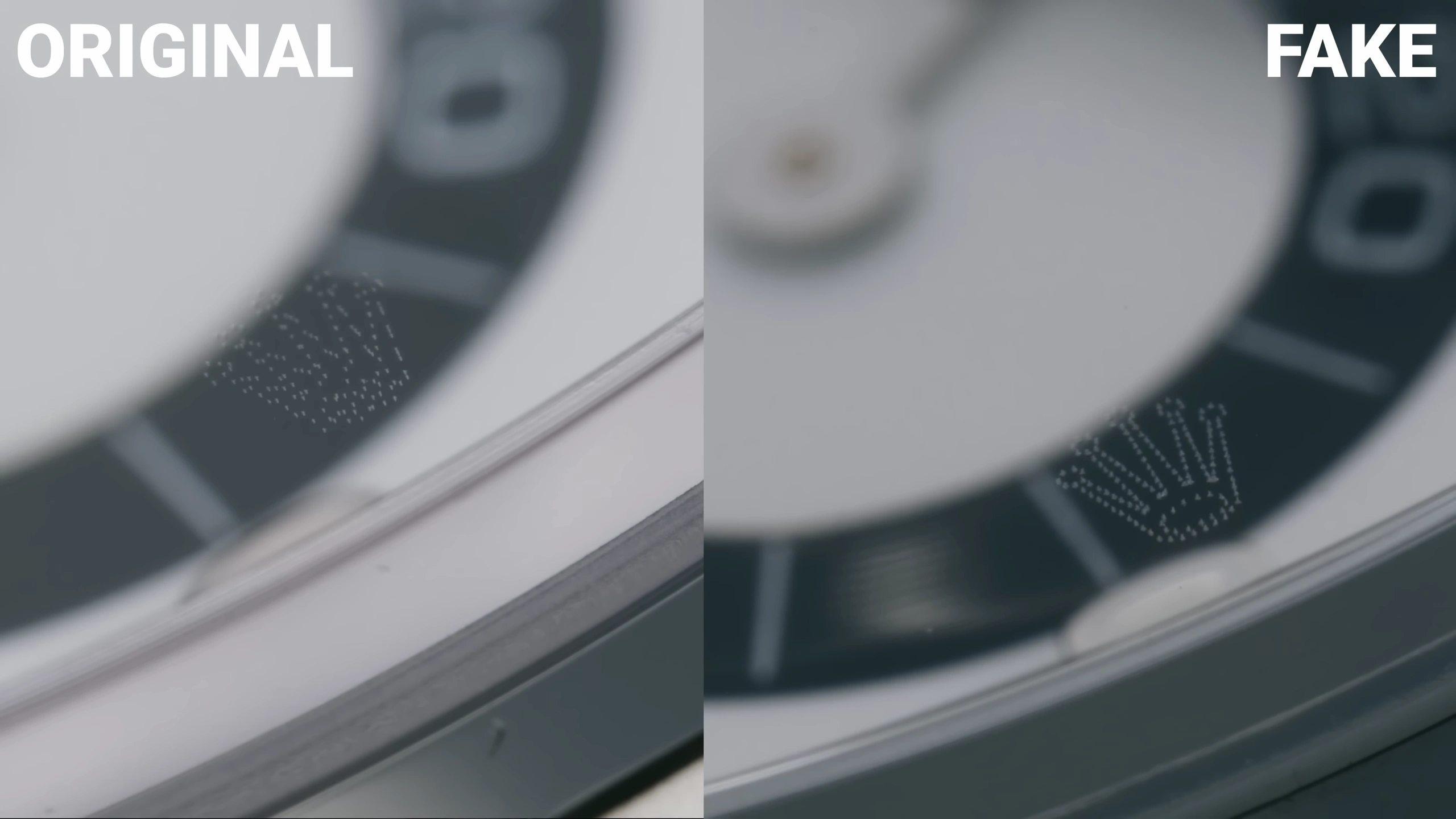 Rolex laser-etched crown at 6 oclock on sapphire crystal magnified view