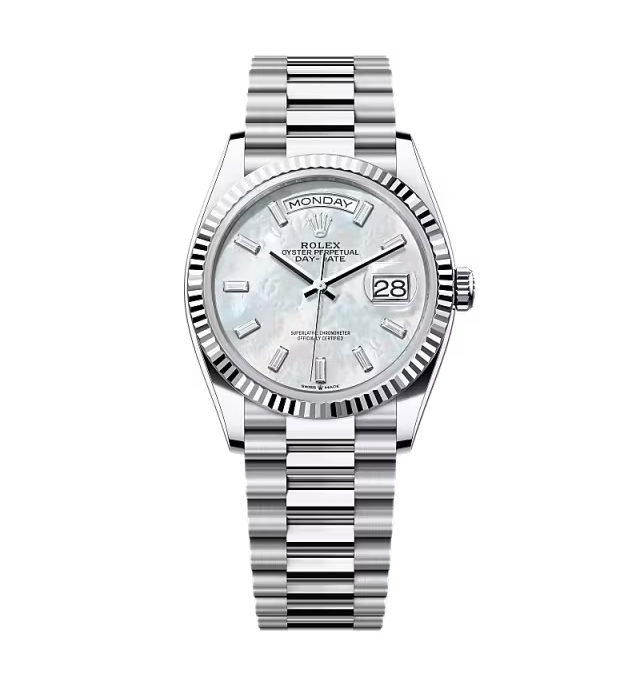 Superclone Rolex Day-Date White Mother-of-Pearl Diamond Dial 128236-0021 36 mm