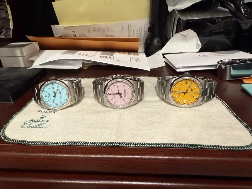 Collection of Rolex Oyster Perpetual watches showing multiple dial color options