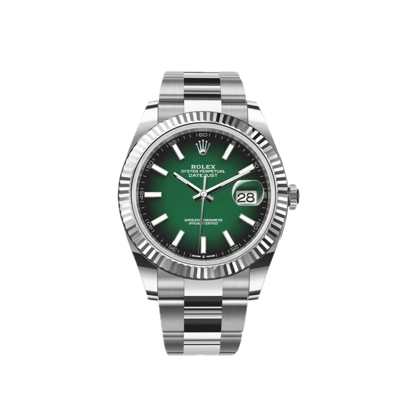 Datejust 41 Green Ombré Dial (2026) — Rolesor (Oystersteel and white gold), green ombré dial — front view of the dial