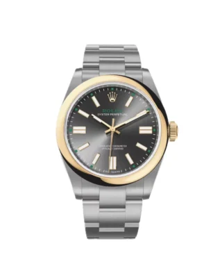 Oyster Perpetual “100 Years” (2026) — Rolesor (Oystersteel and yellow gold), slate grey dial — front view of the dial