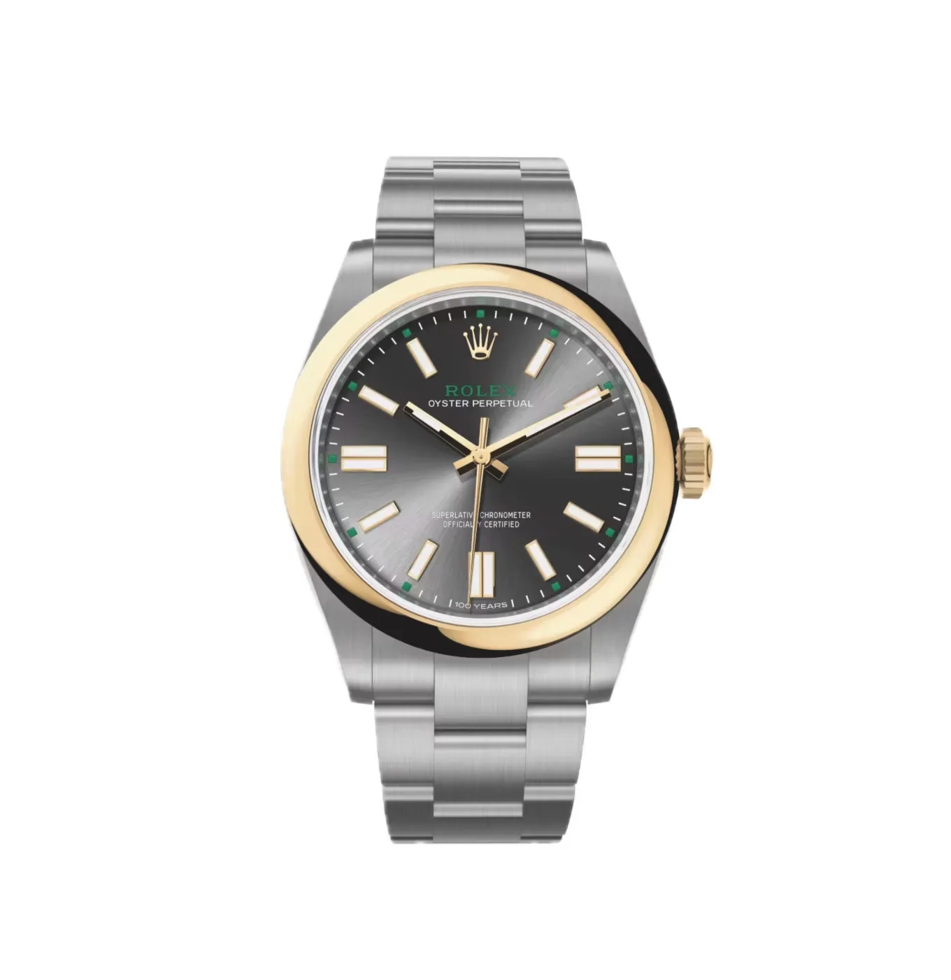 Oyster Perpetual “100 Years” (2026) — Rolesor (Oystersteel and yellow gold), slate grey dial — front view of the dial