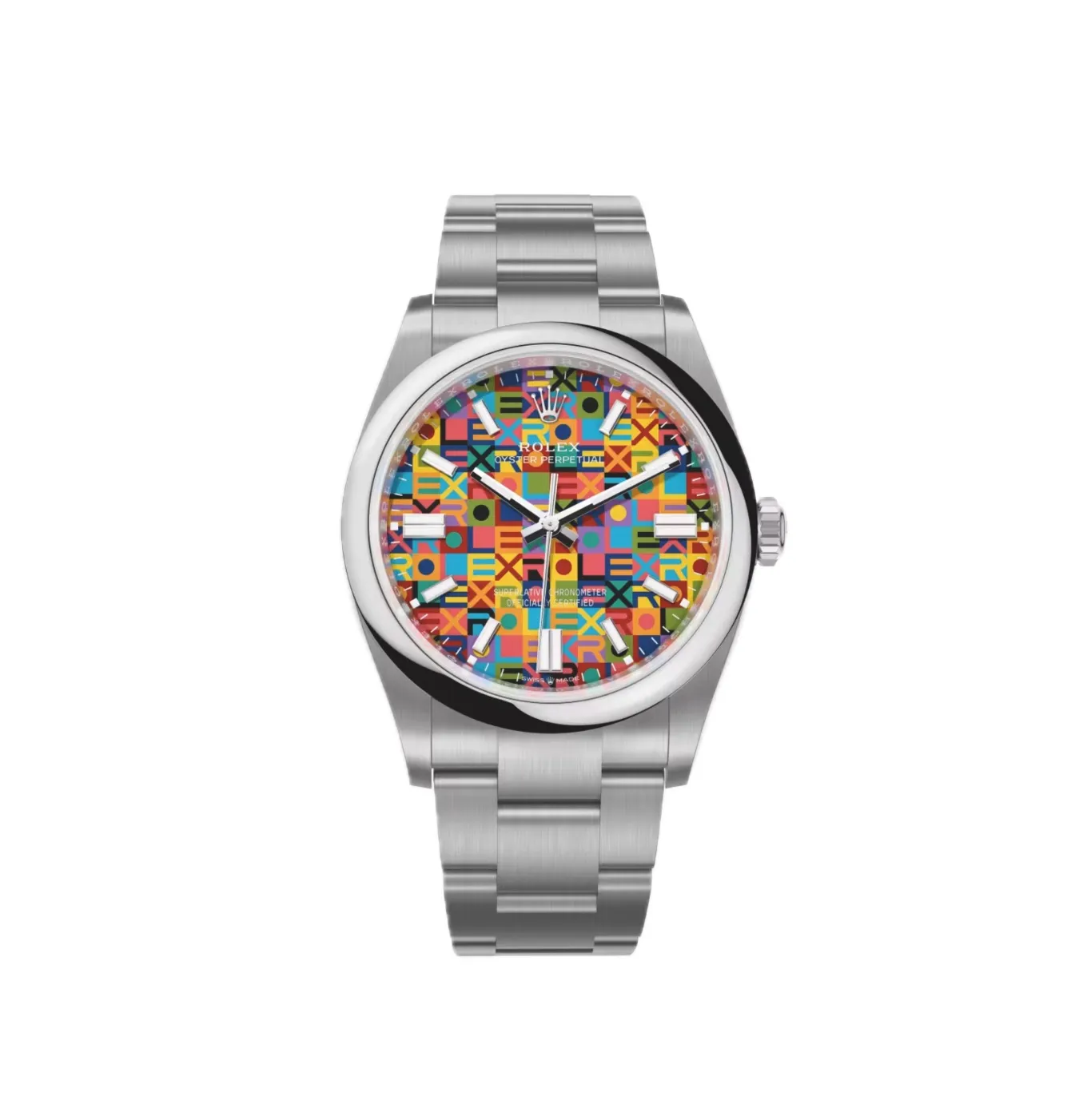 Oyster Perpetual Jubilee Motif 36mm (2026) — Oystersteel, colourful motif dial — front view of the dial