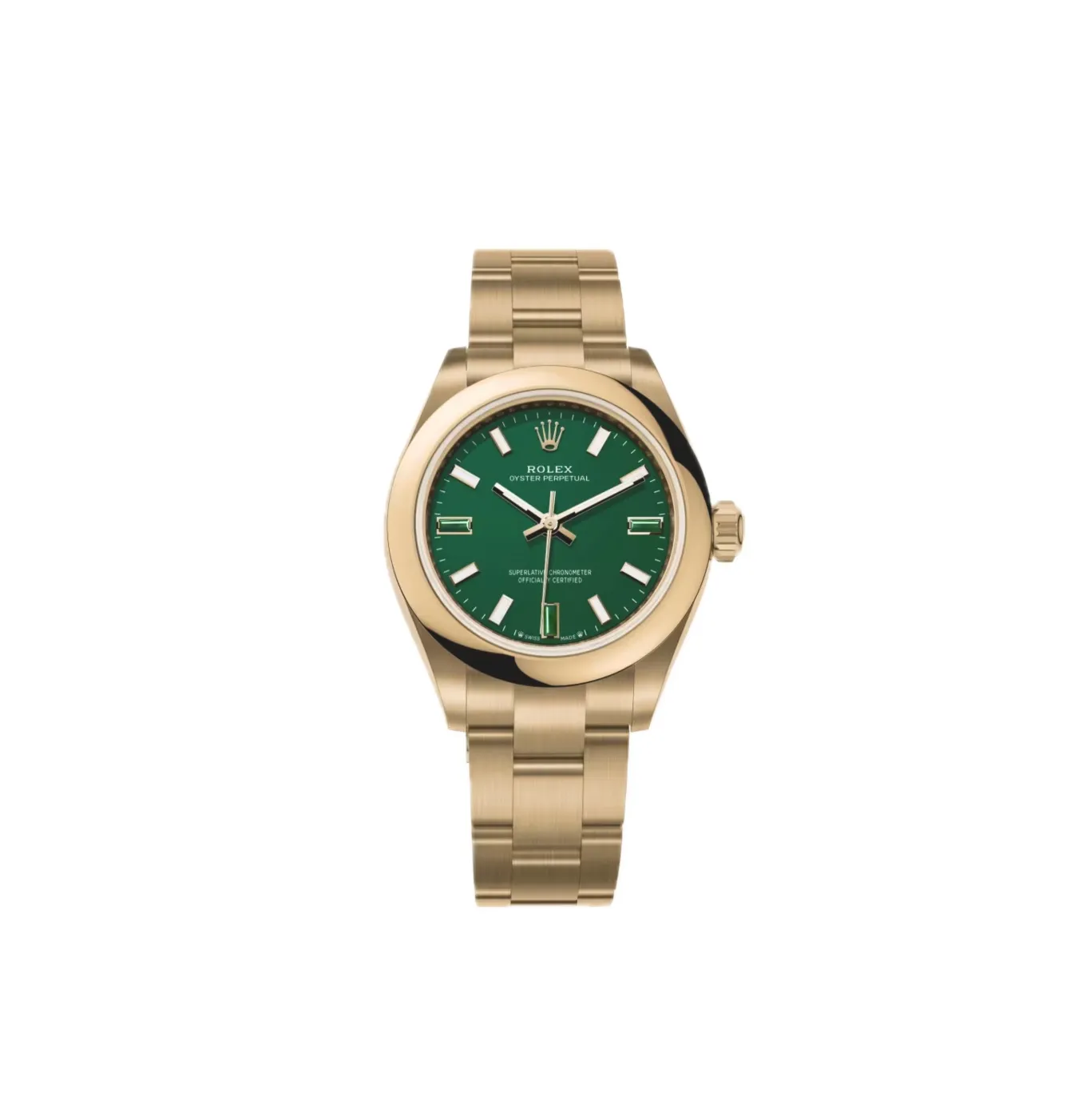 Oyster Perpetual Solid Gold 28mm Yellow Gold (2026) — 18k yellow gold, green dial with natural stone markers — front view of the dial