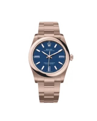 Oyster Perpetual Solid Gold 34mm Everose Gold (2026) — 18k Everose gold, blue dial with natural stone markers — front view of the dial