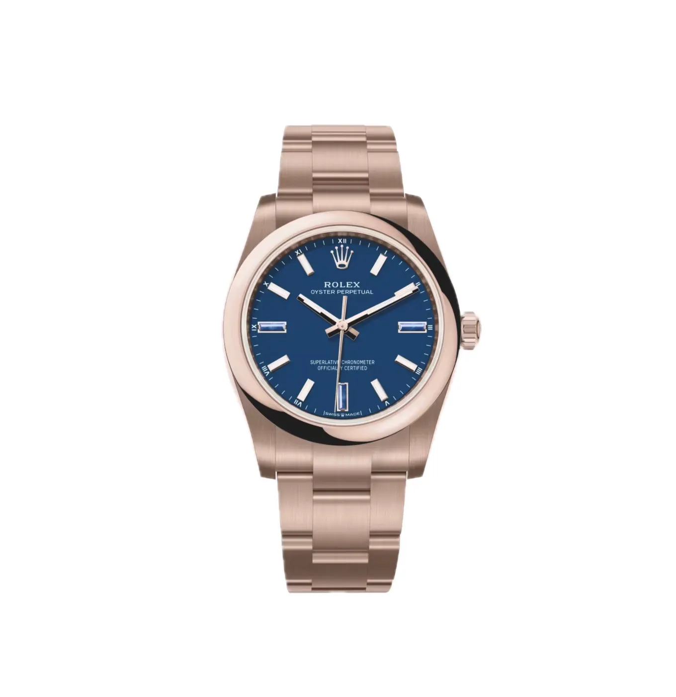 Oyster Perpetual Solid Gold 34mm Everose Gold (2026) — 18k Everose gold, blue dial with natural stone markers — front view of the dial