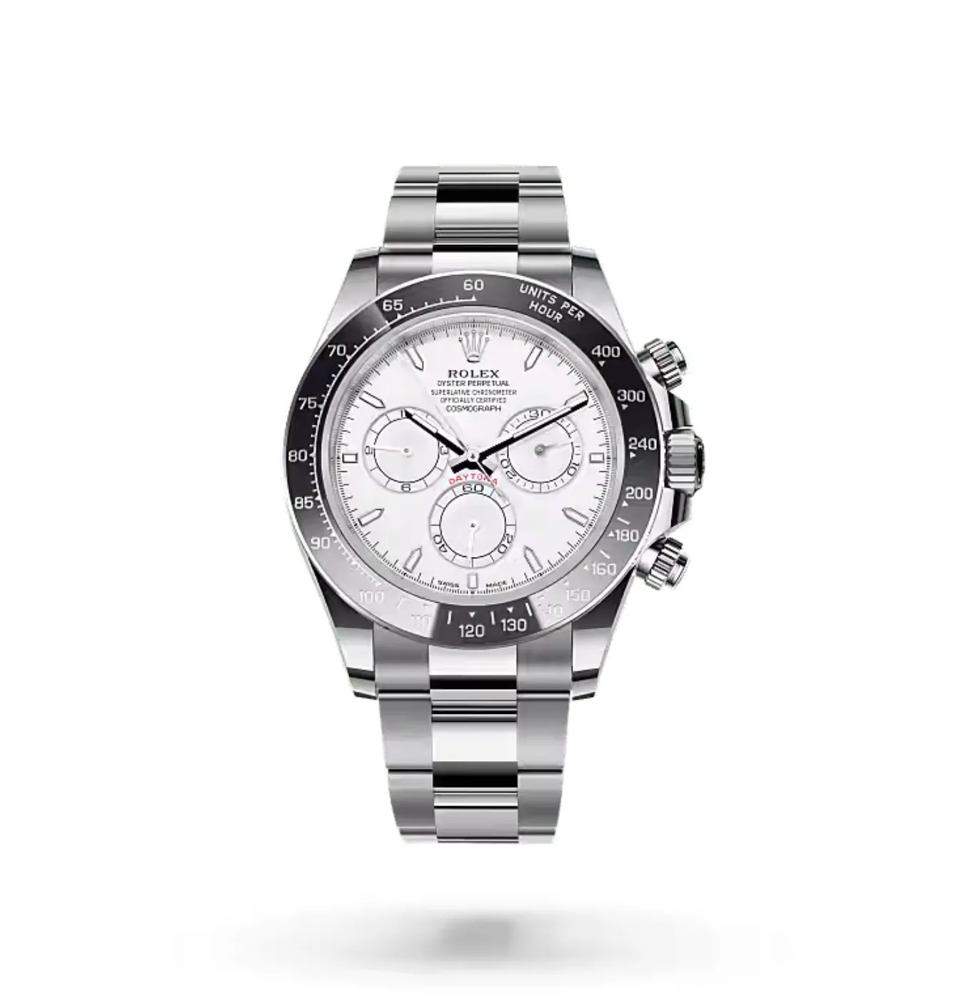 Cosmograph Daytona Rolesium Enamel Dial (2026) — Rolesium (Oystersteel and platinum), white enamel dial — front view of the dial