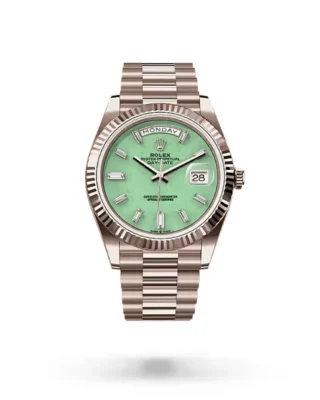 Day‑Date 40 Jubilee Gold Aventurine Dial (2026) — Jubilee Gold, light green aventurine stone dial — front view of the dial