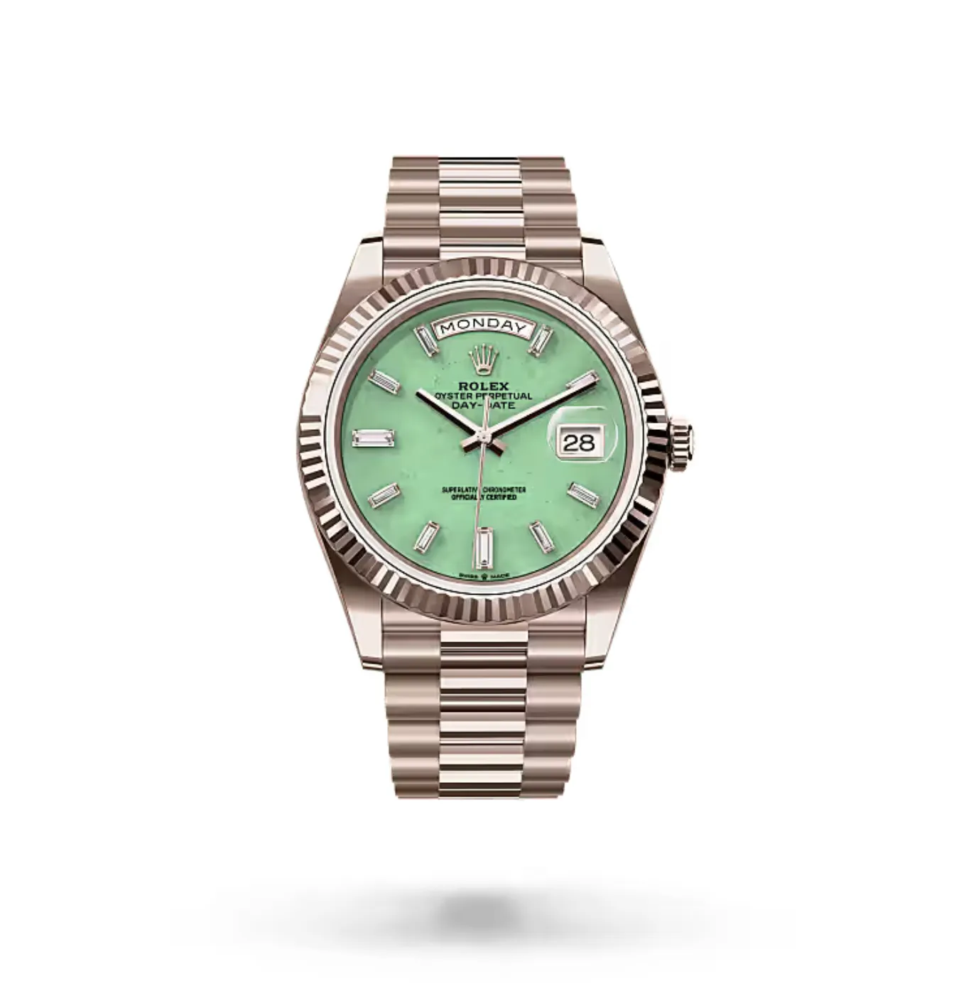 Day‑Date 40 Jubilee Gold Aventurine Dial (2026) — Jubilee Gold, light green aventurine stone dial — front view of the dial
