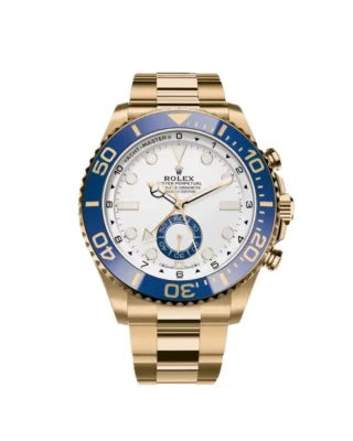 Yacht‑Master II geelgoud 44 mm (2026 Refresh): 18k geelgoud, matwitte wijzerplaat met blauwe Cerachrom-ring: vooraanzicht van de wijzerplaat