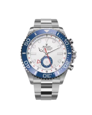 Yacht‑Master II Oystersteel 44mm (2026 Refresh) — Oystersteel, matte white dial with blue Cerachrom bezel — front view of the dial