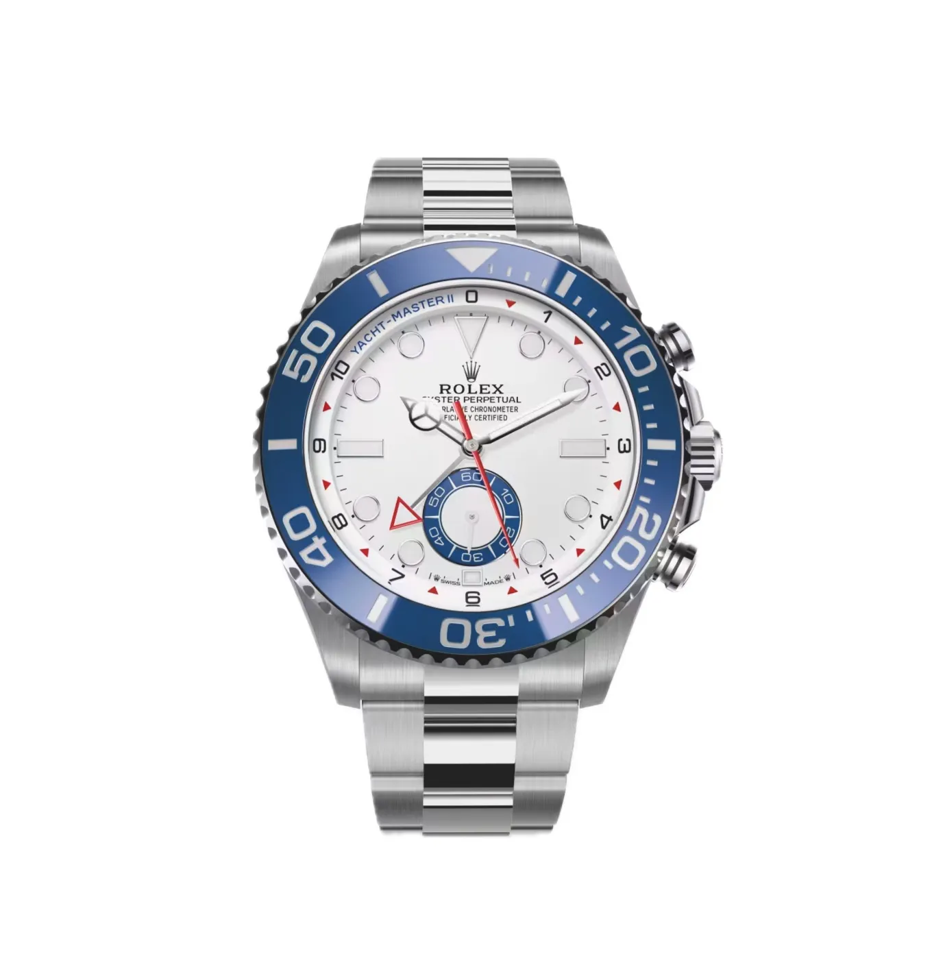 Yacht‑Master II Oystersteel 44mm (2026 Refresh) — Oystersteel, matte white dial with blue Cerachrom bezel — front view of the dial