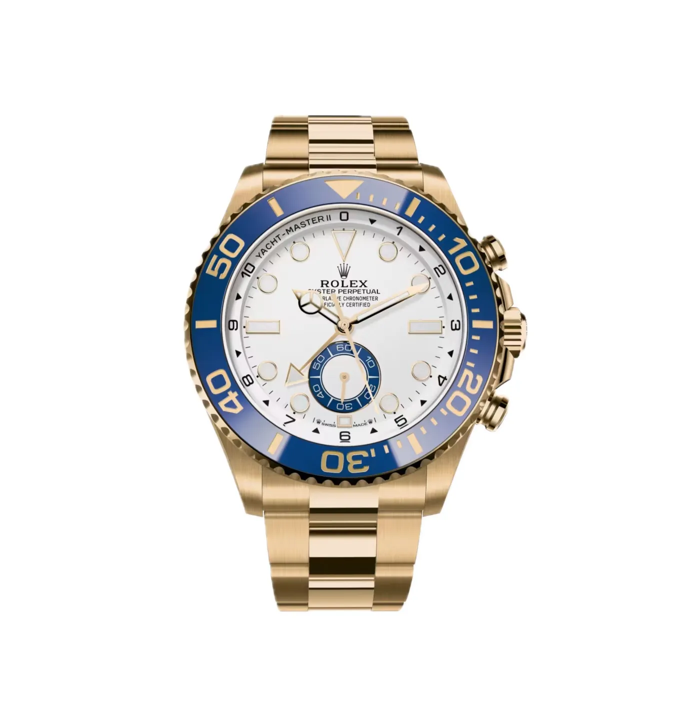 Yacht‑Master II Yellow Gold 44mm (2026 Refresh) — 18k yellow gold, matte white dial with blue Cerachrom bezel — front view of the dial