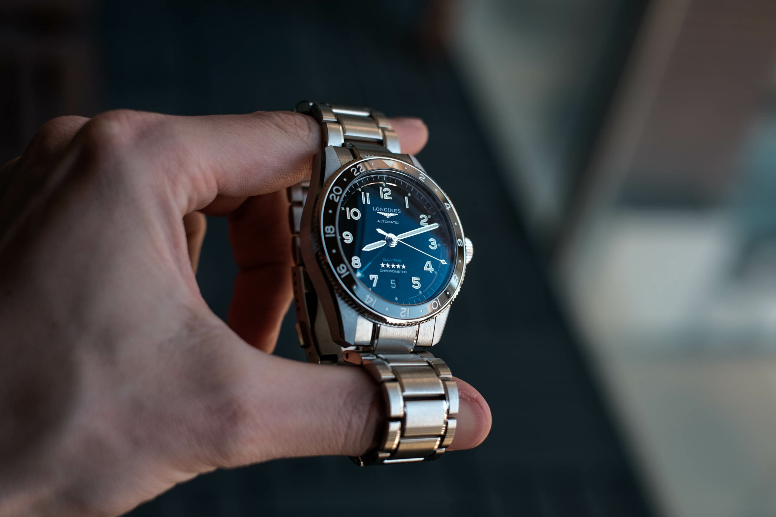 Longines Spirit Zulu Time GMT watch with Pepsi ceramic bezel on steel bracelet