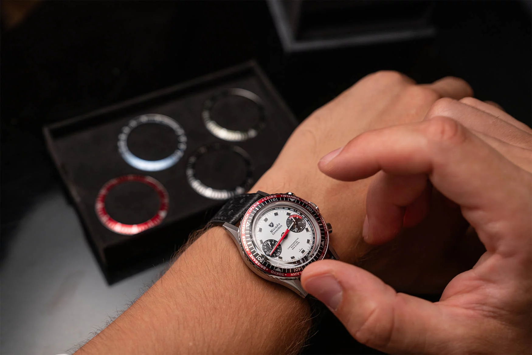 Nivada Grenchen Chronomaster vintage racing chronograph reissue with panda dial