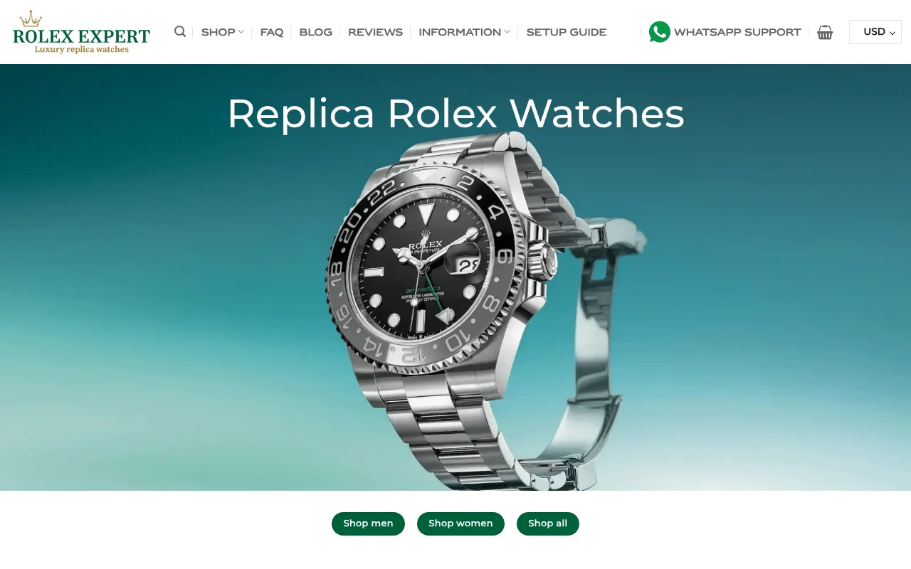 Rolex Expert homepage screenshot showing super clone Rolex collection
