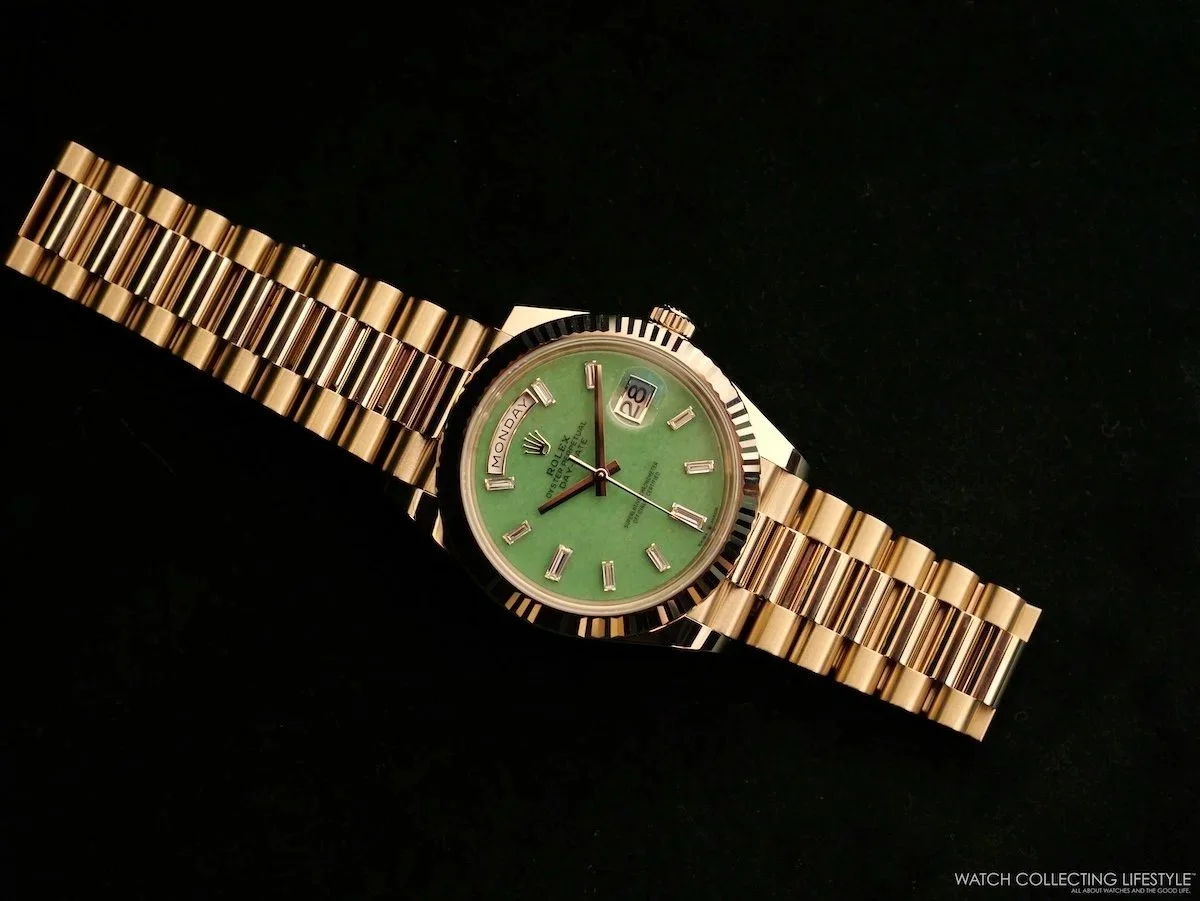 Rolex Day-Date 40 green aventurine dial side profile showing fluted bezel