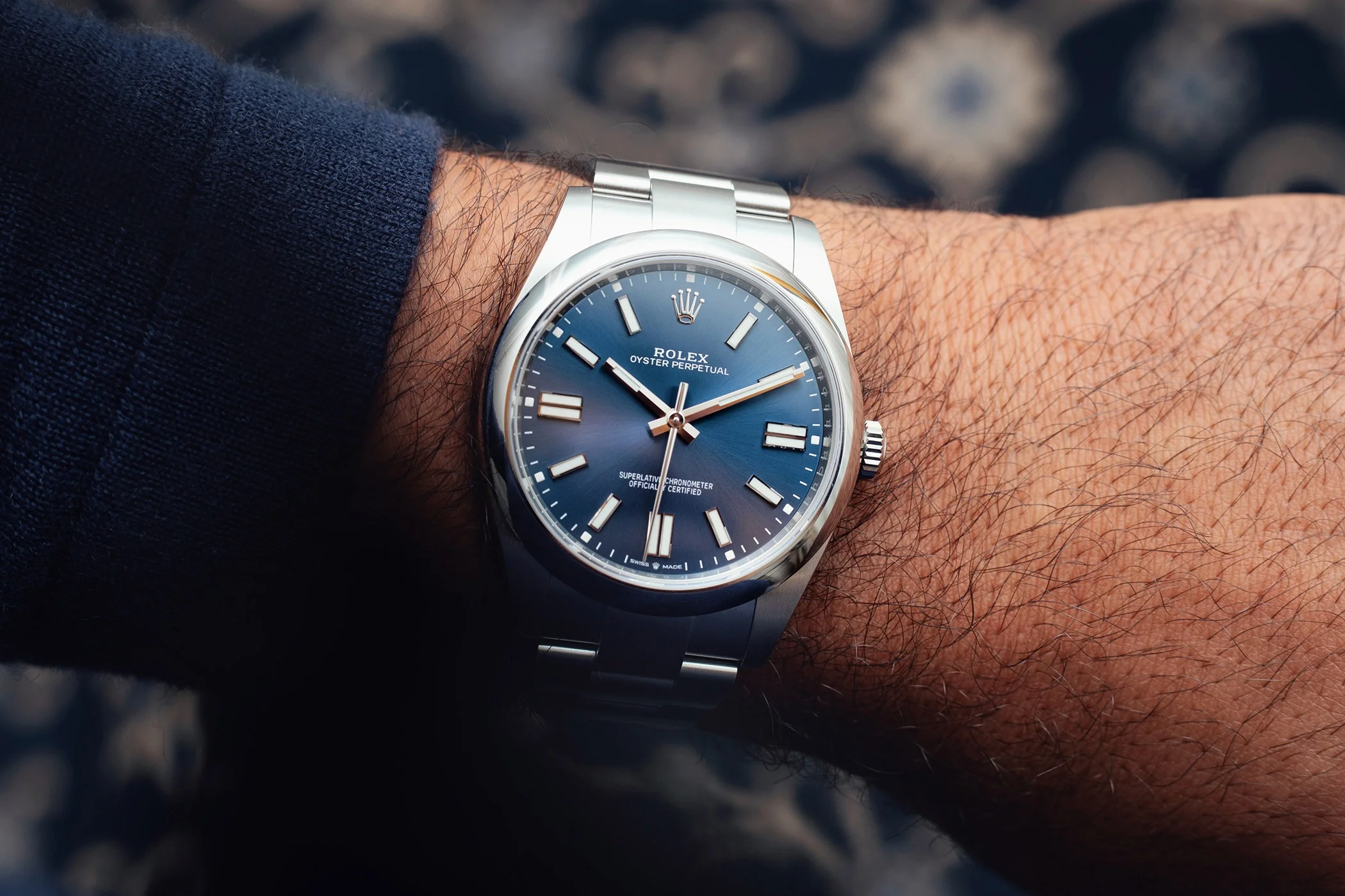 Rolex Oyster Perpetual 41mm blue dial wrist shot showing versatile sizing