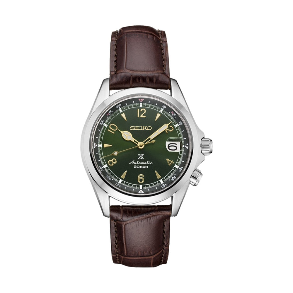 Seiko Prospex Alpinist SPB121 green sunray dial field watch on leather strap