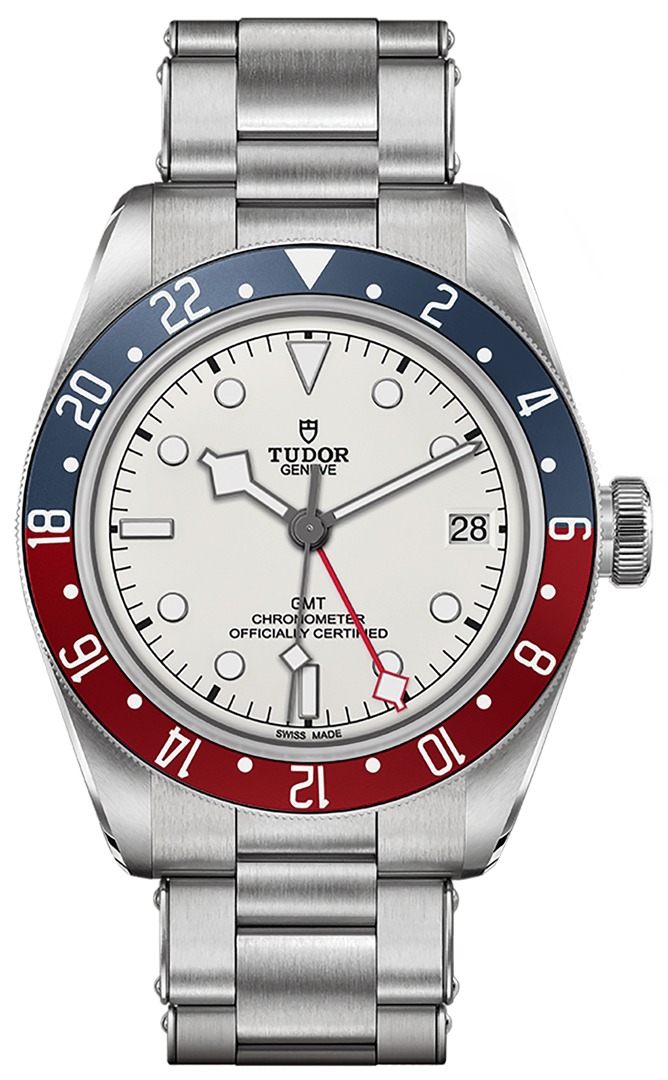 Tudor Black Bay GMT Pepsi ref M79830RB with red and blue bezel on steel bracelet