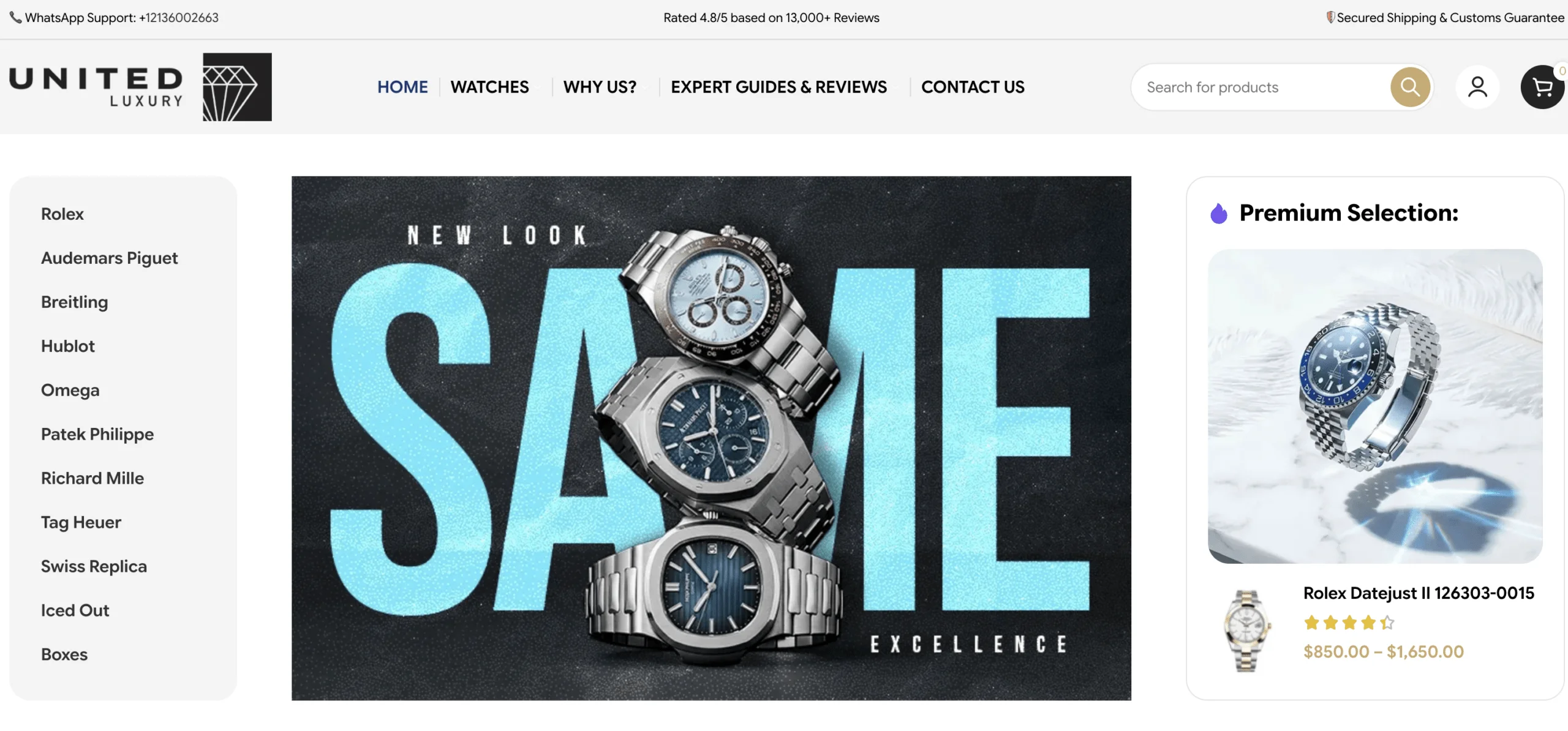 UnitedLuxury.net homepage screenshot showing luxury replica watch collection