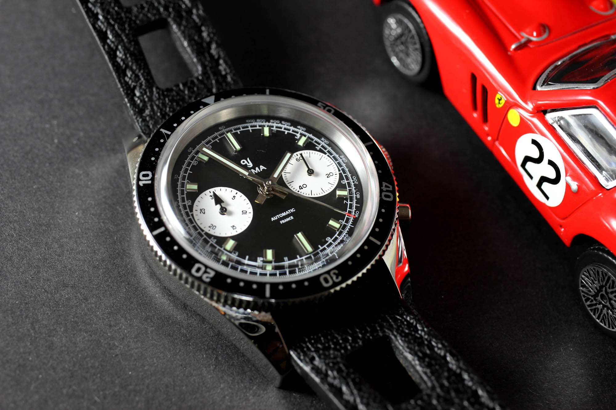 Yema Speedgraf automatic chronograph racing watch with black dial on leather strap