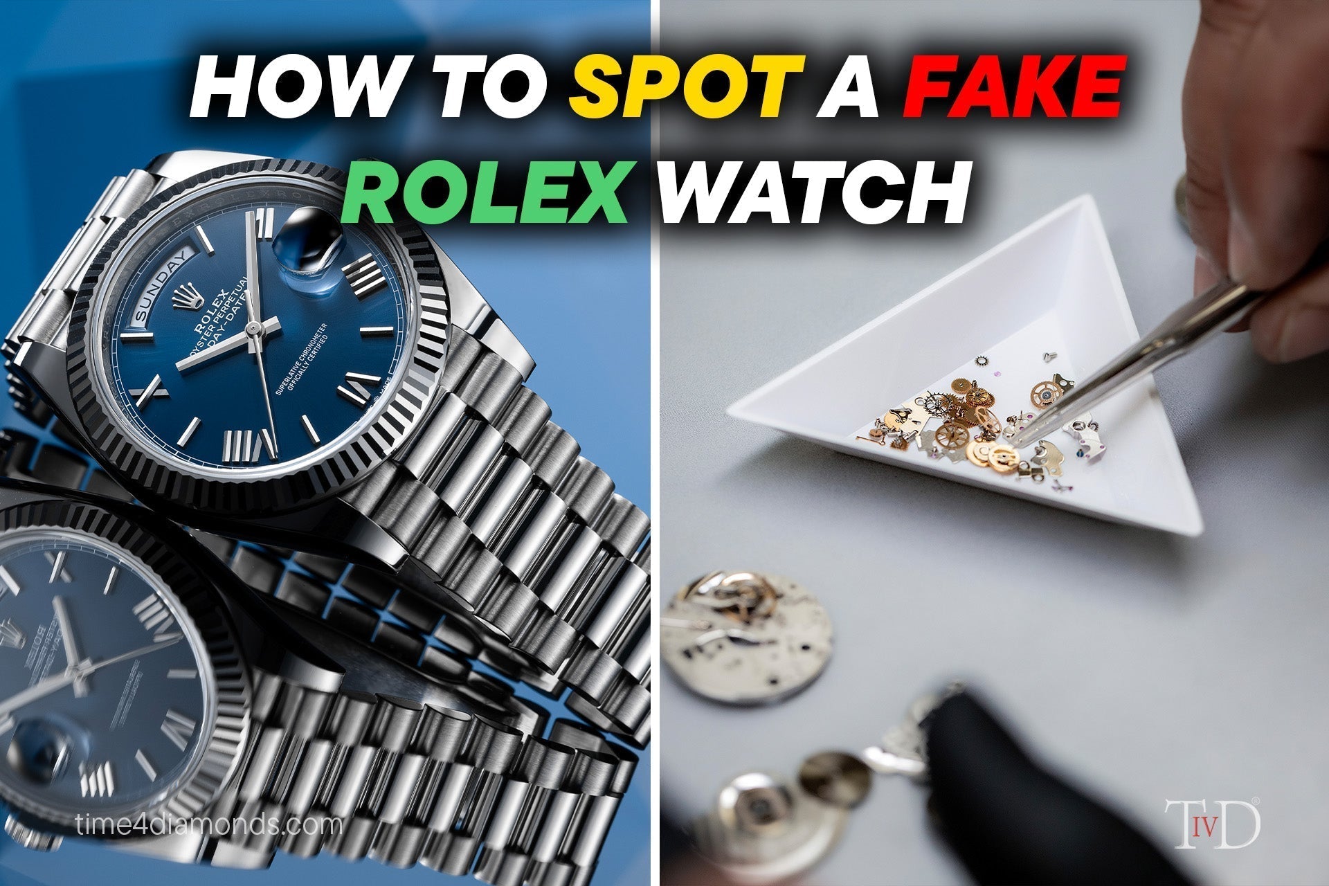 Real vs fake Rolex comparison showing key differences between genuine and counterfeit watches
