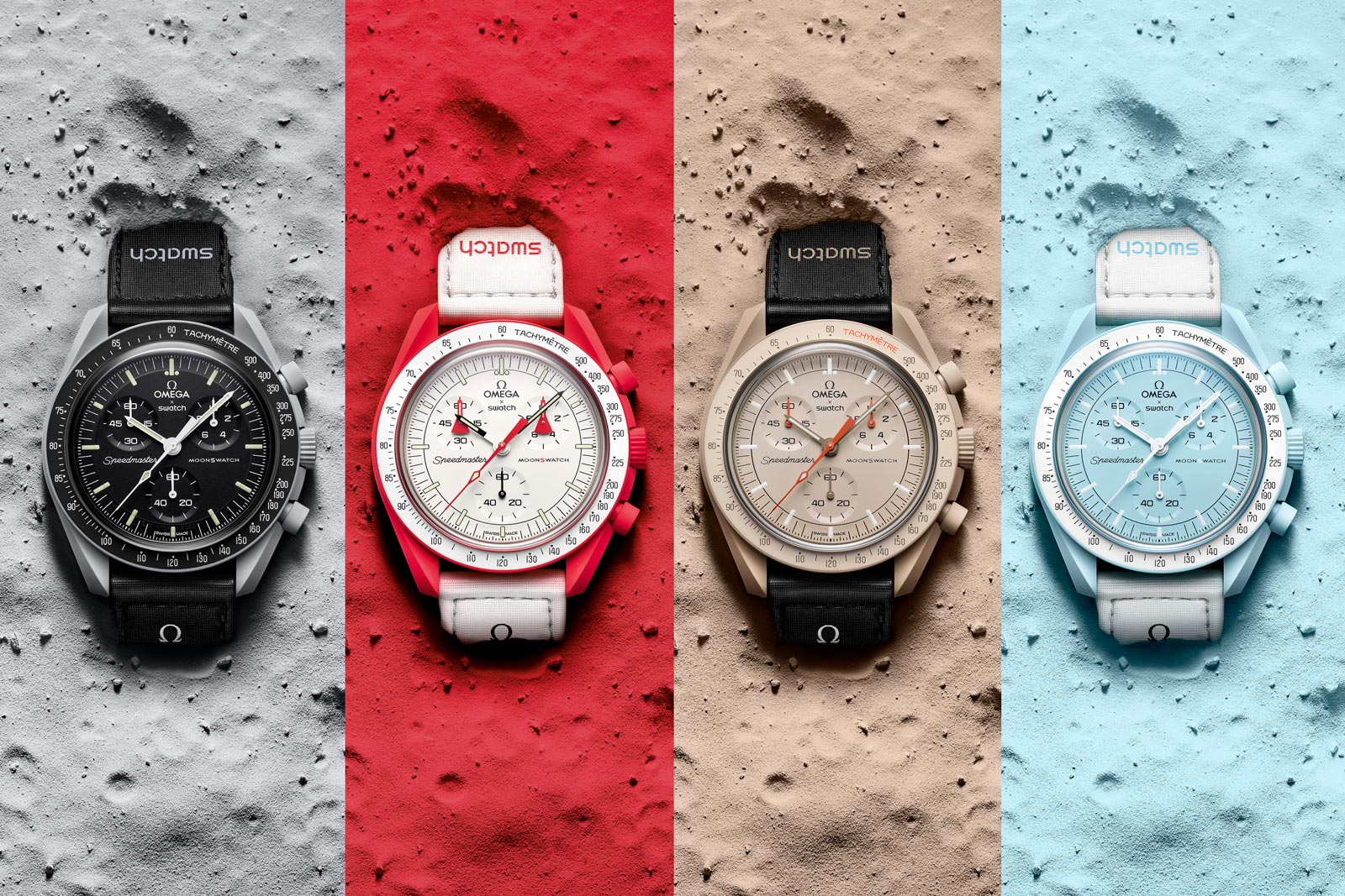Swatch x Omega MoonSwatch collection of 11 colorful bioceramic chronographs