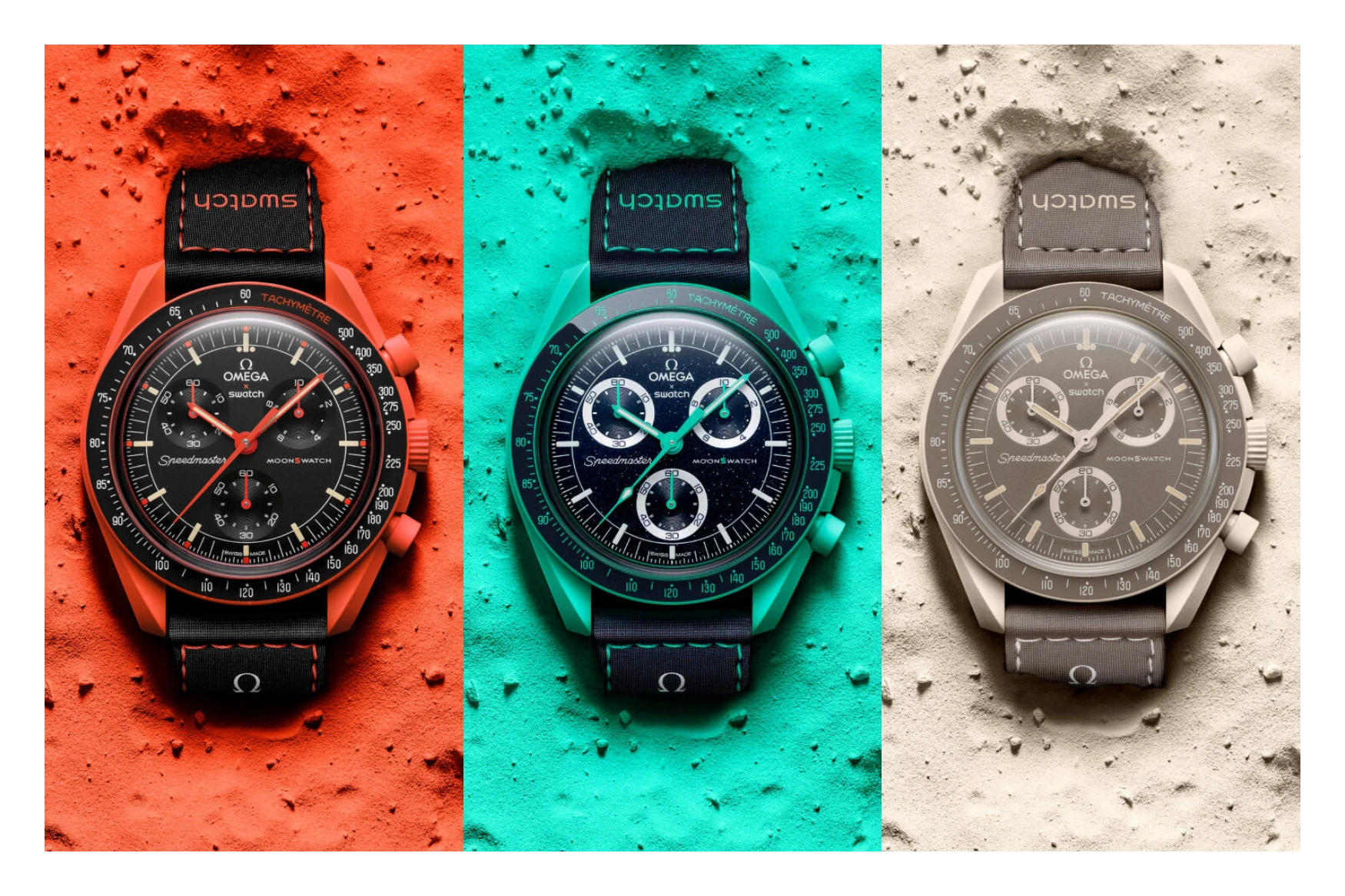Swatch x Omega MoonSwatch Mission on Earth model showing bioceramic construction and colorful dial design