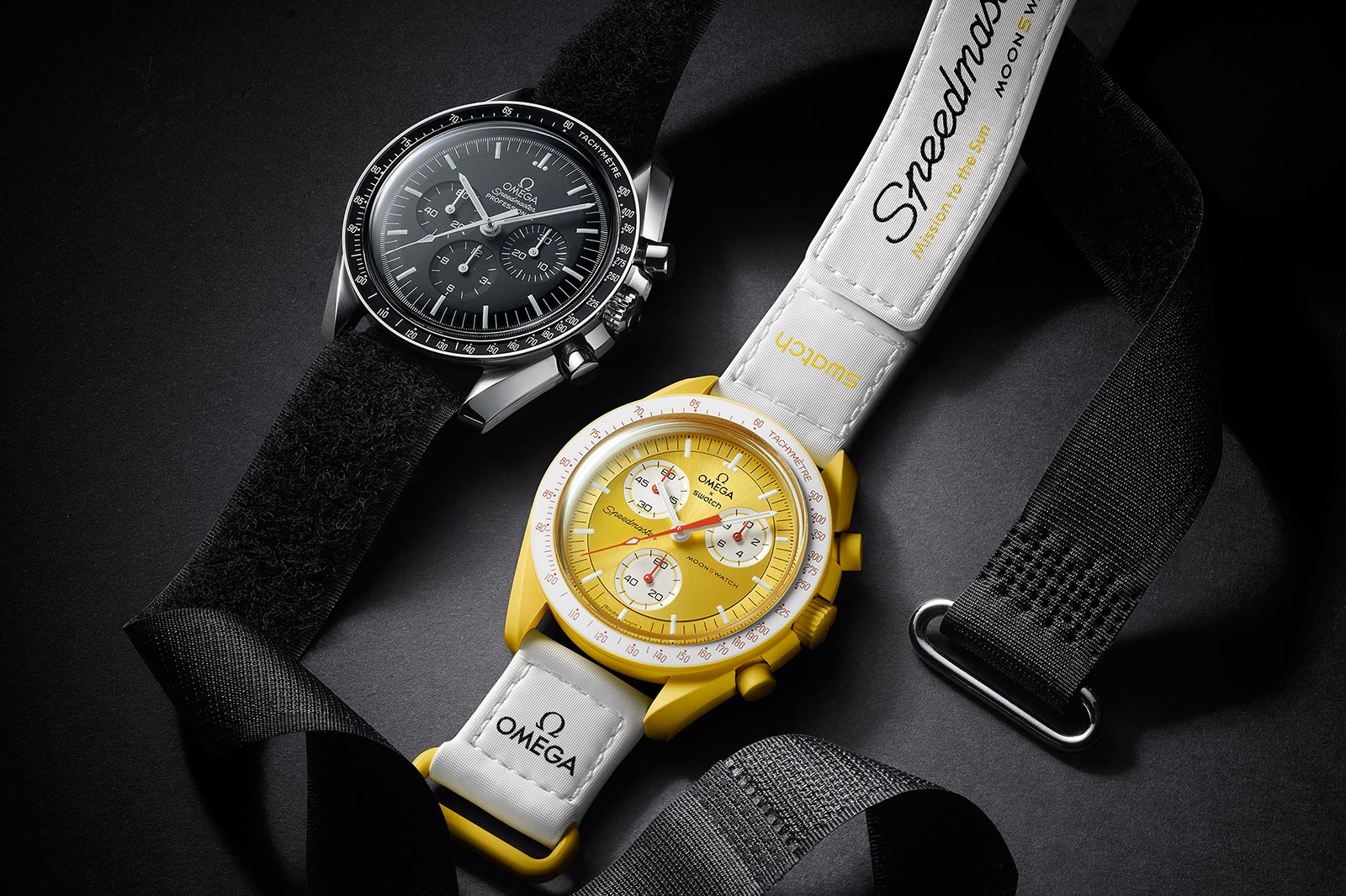 Side-by-side comparison of Omega Speedmaster Moonwatch and Swatch MoonSwatch showing design similarities at different price points