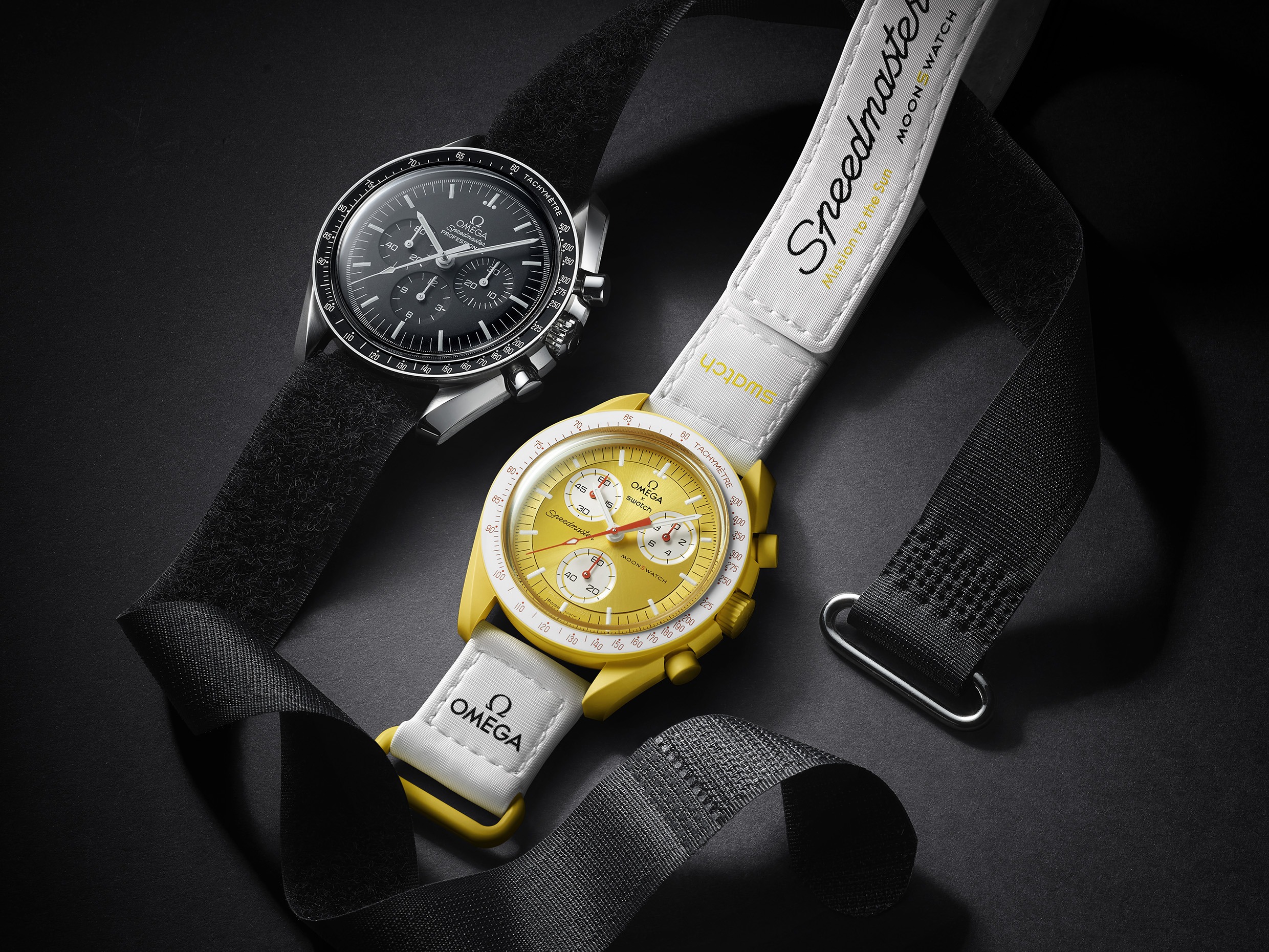 Close-up detail of Swatch x Omega MoonSwatch bioceramic case and dial showing Speedmaster design elements