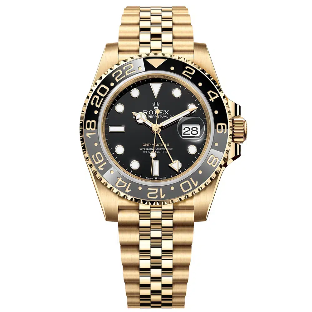 Rolex GMT-Master II yellow gold reference 126718GRNR black and gray bezel 2026