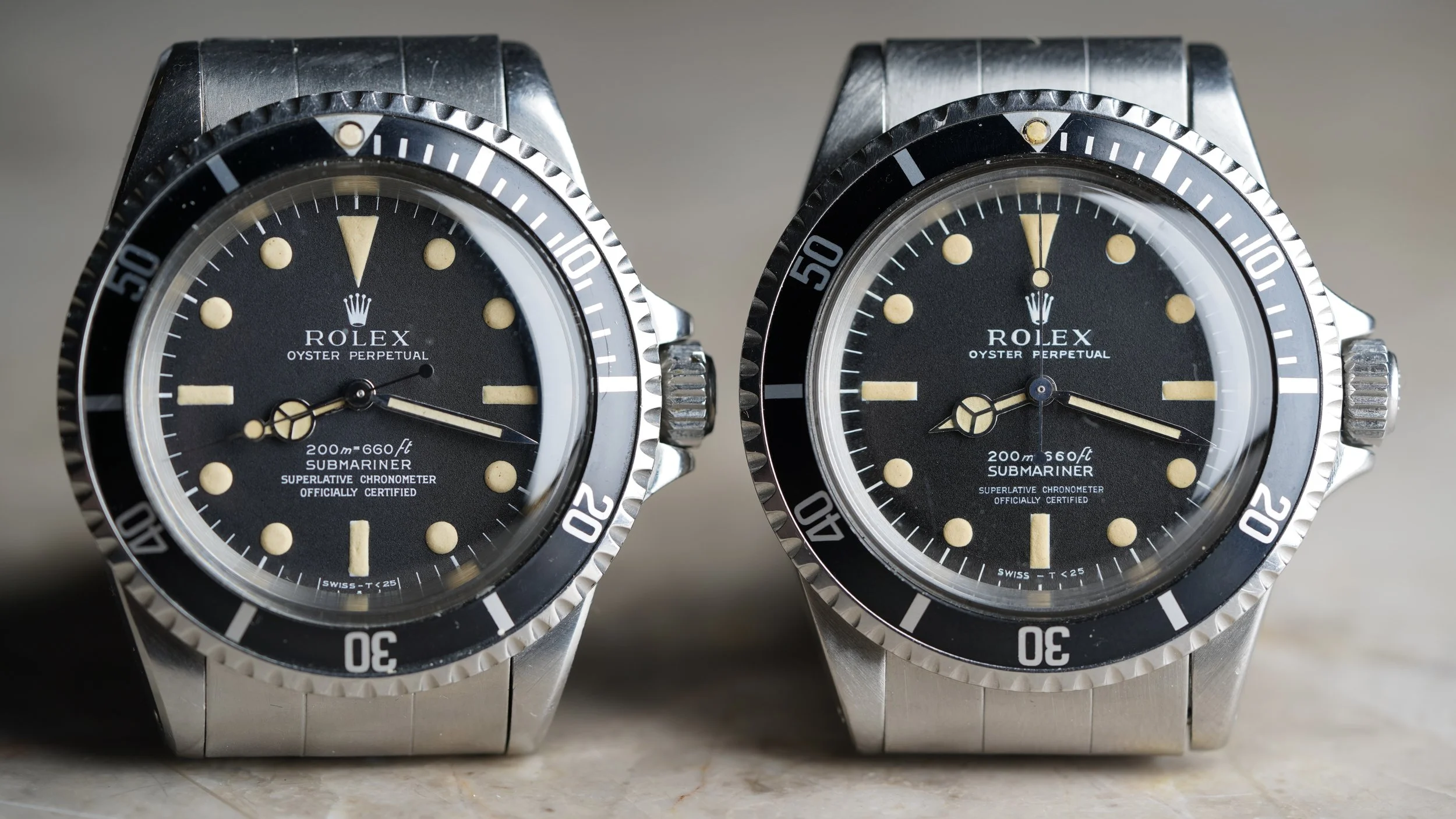 Vintage Rolex Submariner ref. 5512 dial showing the Meters First depth-rating printing — an early dial variant collectors prize over the later Feet First configuration.
